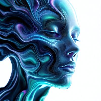 The primary subject of the image is a close-up of a woman's face, with her eyes closed. The setting is a white background, which provides a clean and minimalist look. The visual style is digital art, as the woman's face is depicted in a blue and purple color scheme, giving it a surreal and artistic appearance. The overall atmosphere is serene and contemplative, as the woman's eyes are closed, suggesting a moment of introspection or relaxation.
